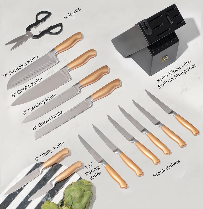 styled settings Black and Gold Knife Set for Kitchen with Block – 14-Piece Ultra-Sharp Stainless Steel Knives with Gold Handles and Built-In Sharpener – Stylish Kitchen Accessories for Cooking and Decor - Image 5